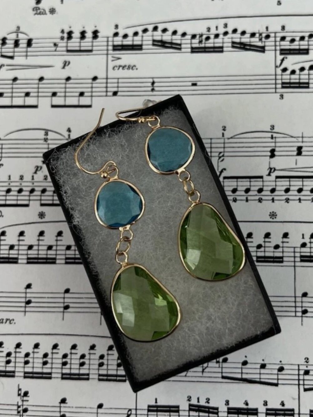 Green & Blue Faceted Teardrop Dangle Earrings Gold Tone Statement Boho  Add a po